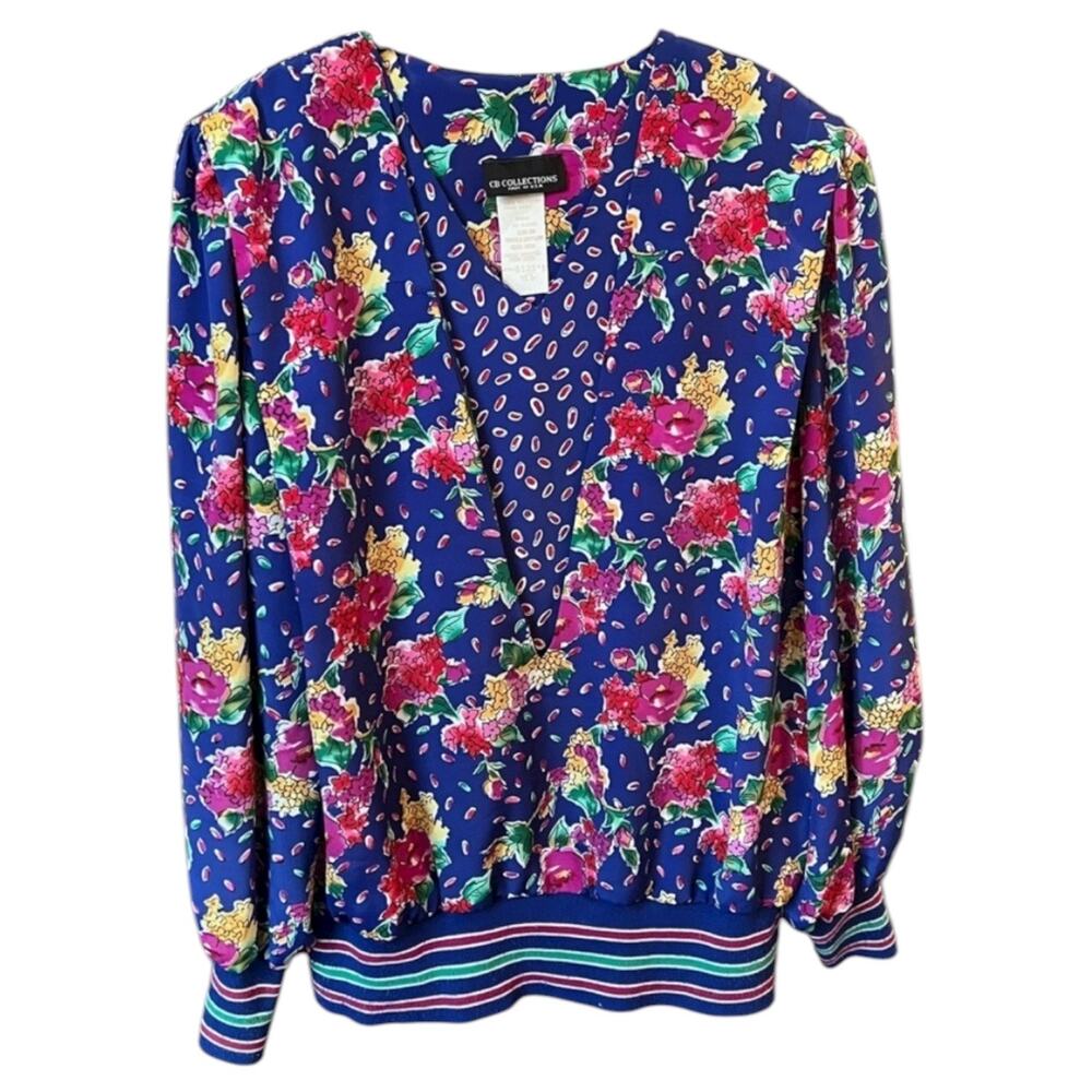 Vintage CB Collections Blouse Floral V-Neck Long Sleeve in Blue and Pink - L/XL